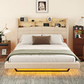 Queen Size Upholstered Floating Bed With Led And Storage Headboard, Beige Box Spring Not Required Queen Beige Wood Bed Frame Linen Upholstered