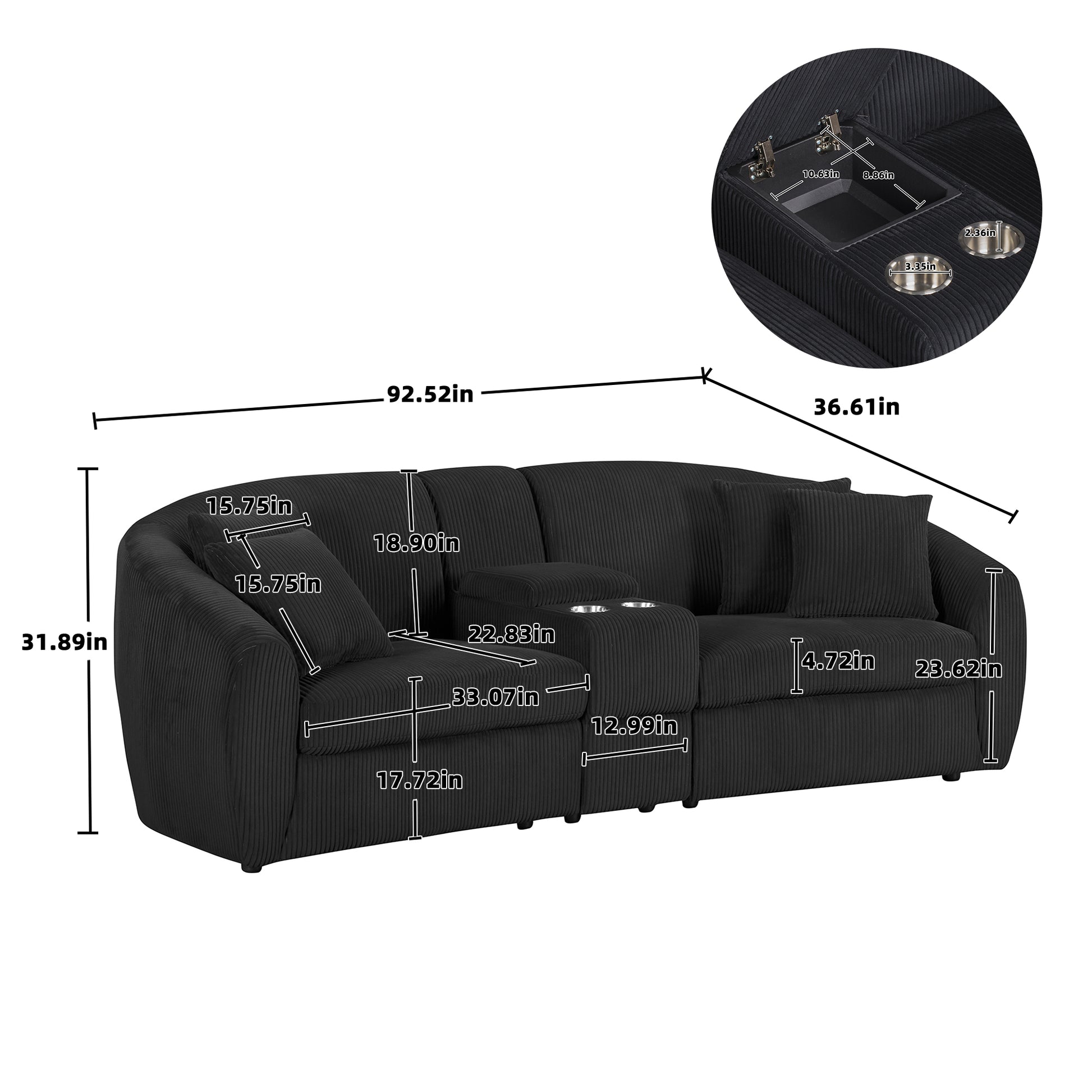 United We Win Corduroy Fabric, Two Cup Holders, Storage, Oversized Two Seat, Solid Wood Frame, High Quality Sponge Filling, Curved Placement Sofa Black Corduroy 2 Seat