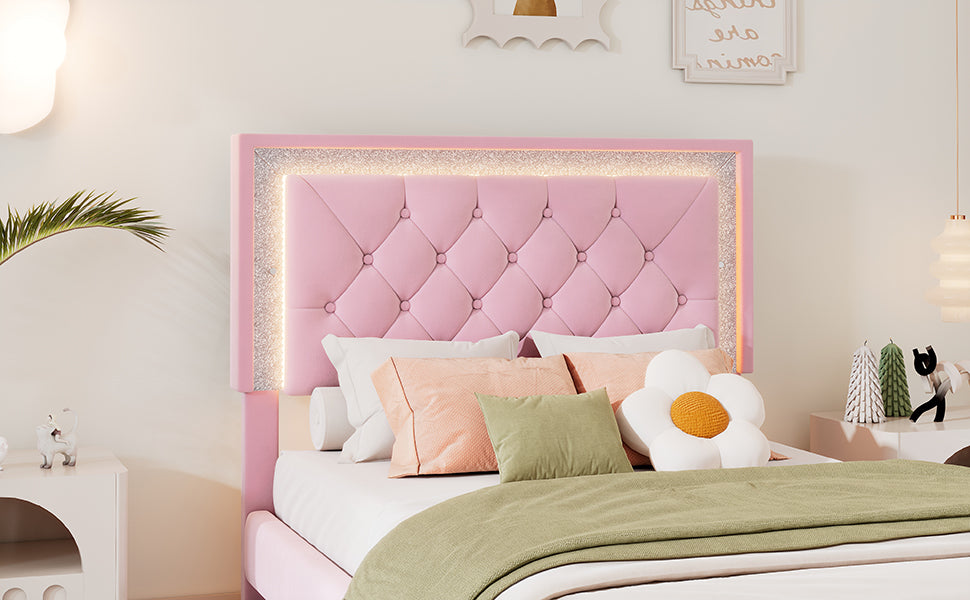 Twin Size Upholstered Bed Frame With Led Lights,Modern Velvet Platform Bed With Tufted Headboard,Pink Twin Pink Velvet