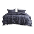 3 Piece Elastic Embroidered Cotton Duvet Cover Set Queen Dark Navy Cotton