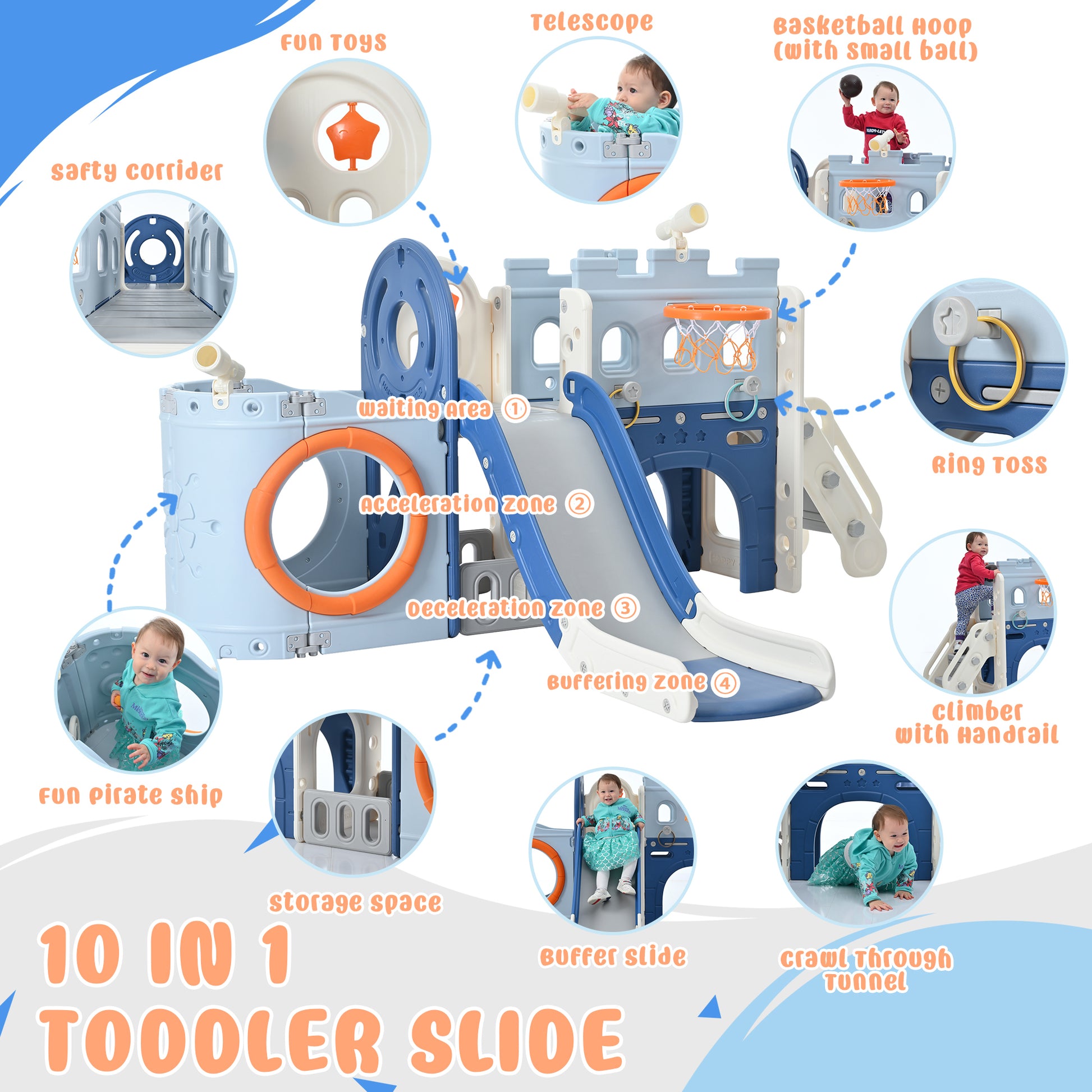 10 1 Toddler Slide Set,Kids Slide For Toddlers Ages 1 , Basketball Hoop, Tunnel And Storage Space, Pirate Themed Slide With Head Indoor& Outdoor Blue 100 149 Lbs Cute 1 To 2 Years Hdpe Indoor & Outdoor Use