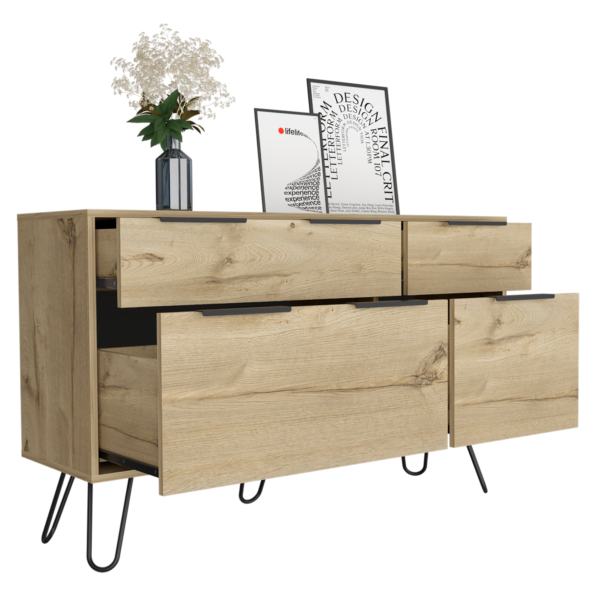 Augusta Double Dresser, Superior Top, Hairpin Legs, Four Drawers Beige Primary Living Space Modern Particle Board