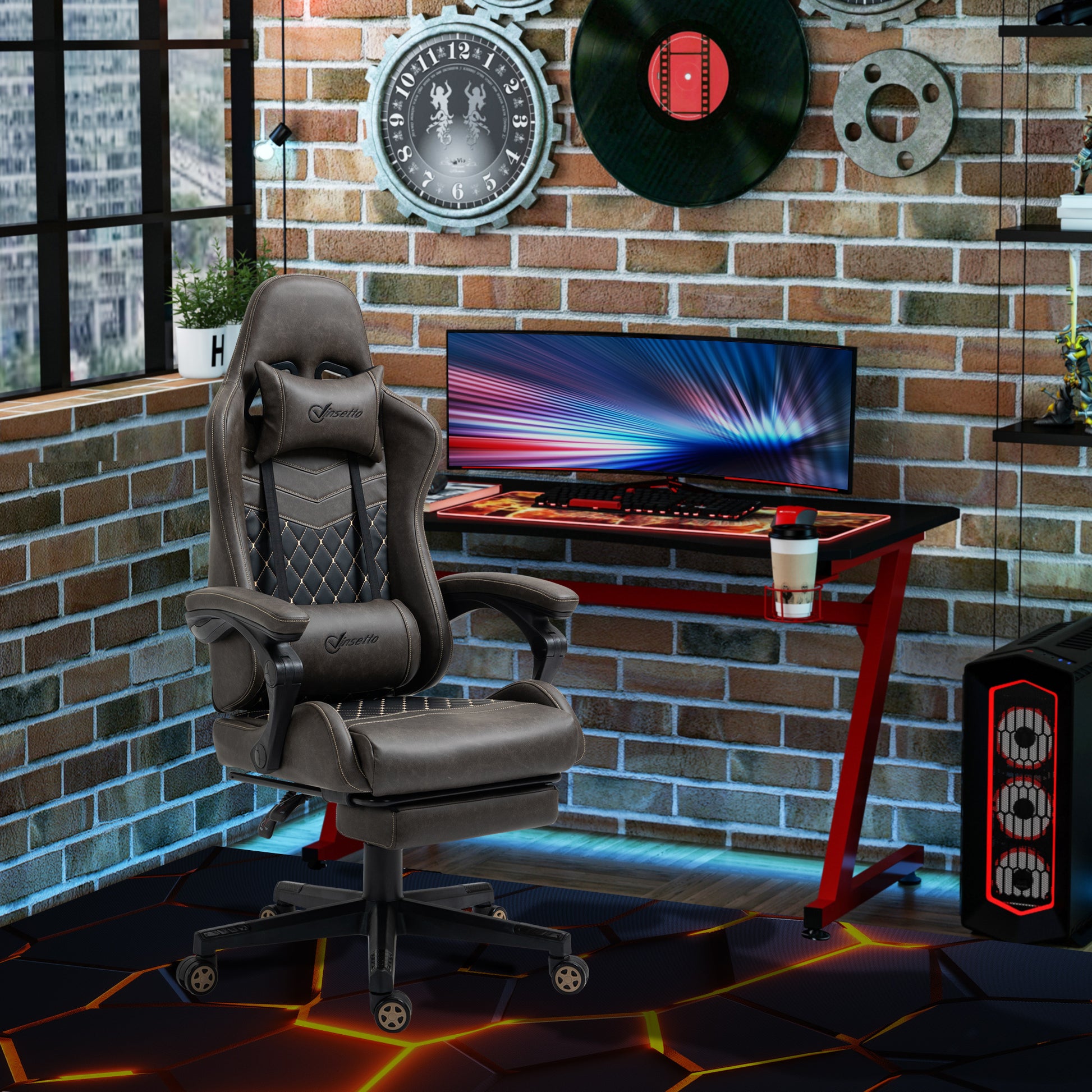 Vinsetto Racing Gaming Chair Diamond Pu Leather Office Gamer Chair High Back Swivel Recliner With Footrest, Lumbar Support, Adjustable Height, Brown Brown Pu