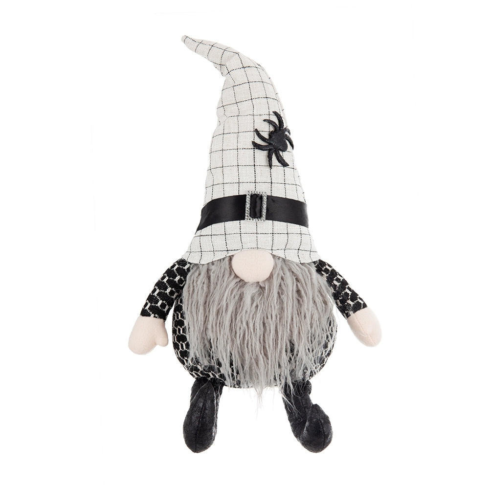 10.2X5.5X23.5" Fabric Sitting Gnome With White Hat Spider, For Halloween Decor Black White Polyester