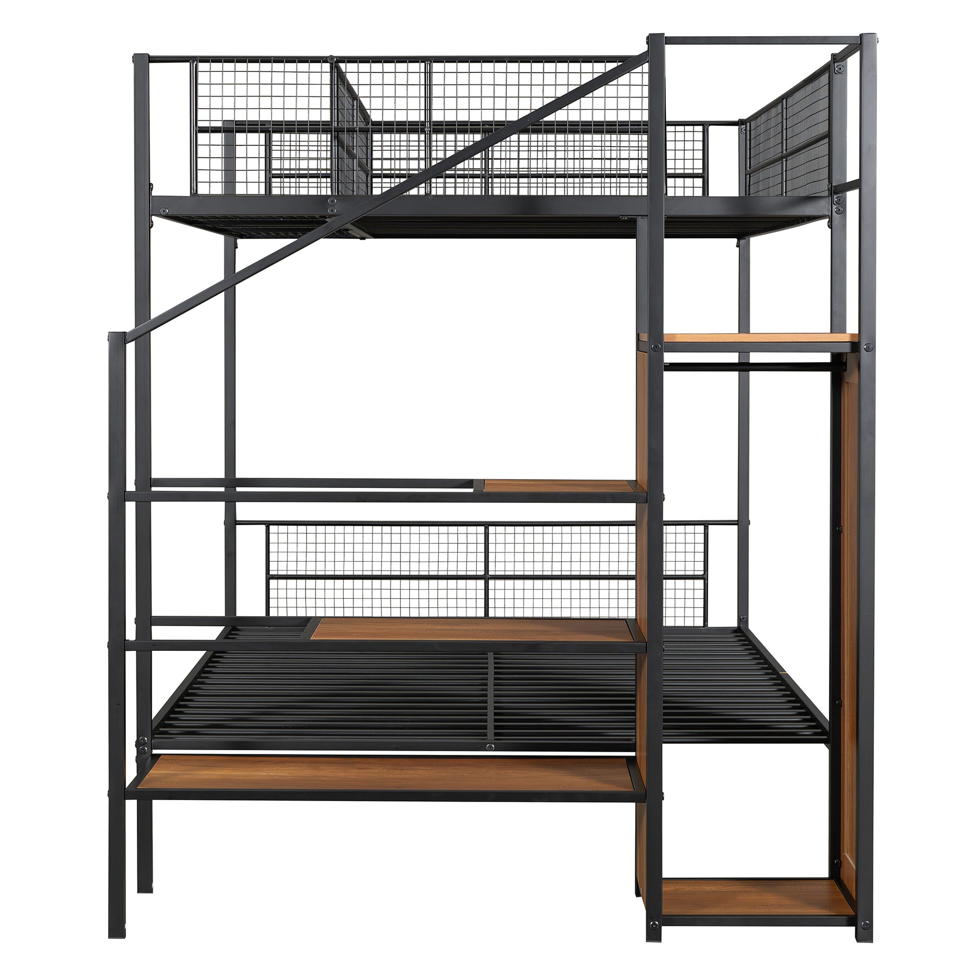 Twin Over Full Metal Bunk Bed With Wire Shelving And Lateral Storage Ladder And Wardrobe, Black Black Metal