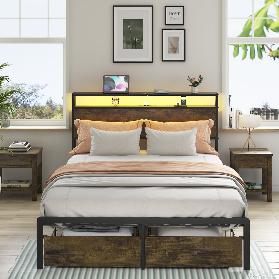 Queen Bed Frame With Led Lights And Charging Station Robust Metal Wood Construction, Rustic Wood Platform Bed Frame With 2 Drawers, No Box Spring Needed, Noise Free, Vintage Brown, Easy Assemble Box Spring Not Required Queen Black Brown Metal Brown