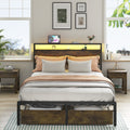 Queen Bed Frame With Led Lights And Charging Station Robust Metal Wood Construction, Rustic Wood Platform Bed Frame With 2 Drawers, No Box Spring Needed, Noise Free, Vintage Brown, Easy Assemble Box Spring Not Required Queen Black Brown Metal Brown