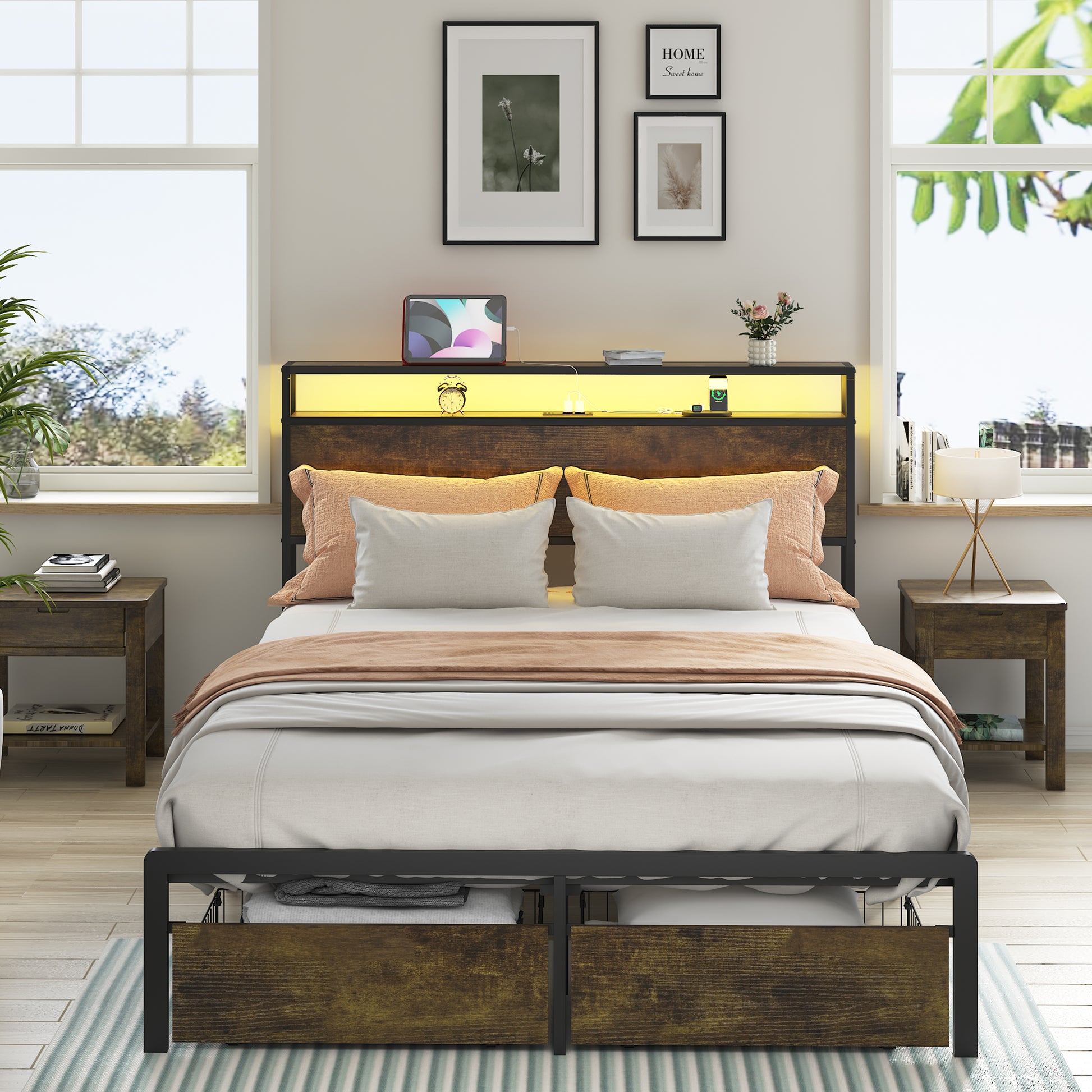 Queen Bed Frame With Led Lights And Charging Station Robust Metal Wood Construction, Rustic Wood Platform Bed Frame With 2 Drawers, No Box Spring Needed, Noise Free, Vintage Brown, Easy Assemble Box Spring Not Required Queen Black Brown Metal Brown