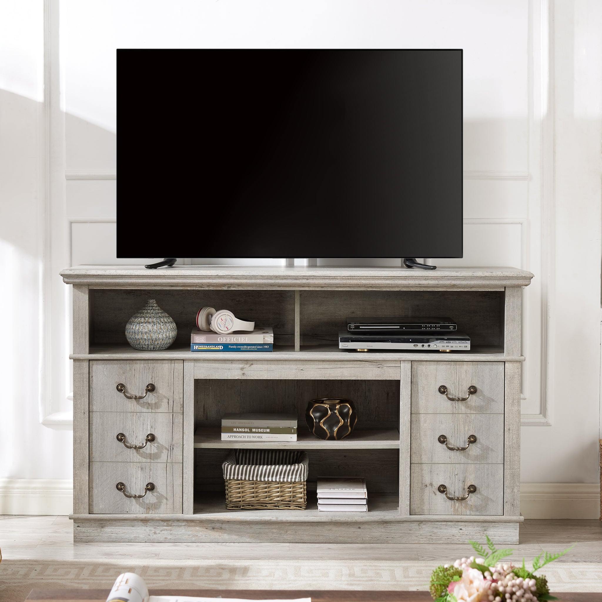 Vintage Drawer Traditional Tv Media Stand Farmhouse Rustic Entertainment Console For Tv Up To 65" With Open And Closed Storage Space, 60"W*15.75"D*34.25"H Light Gray Light Gray 60 69 Inches Mdf