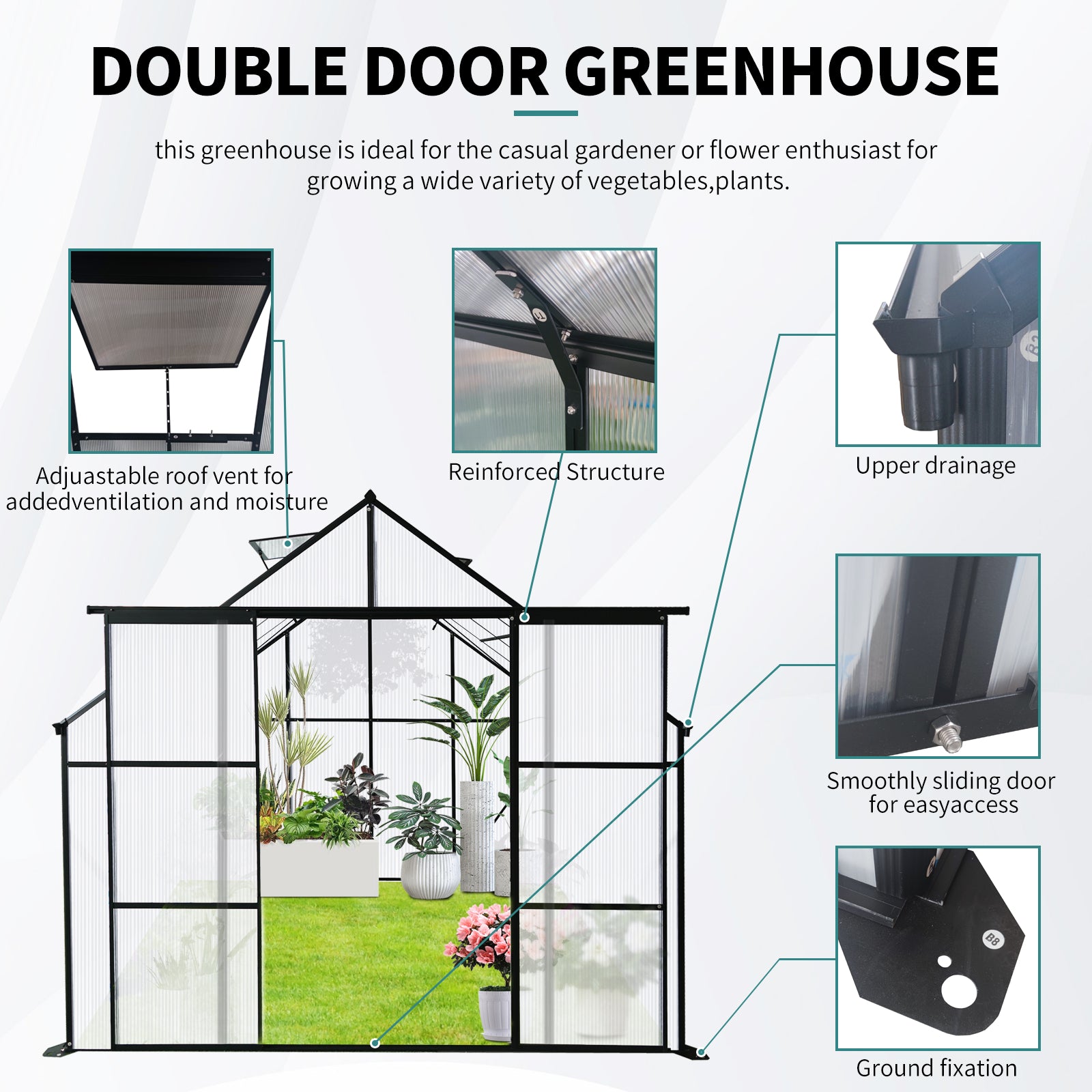 8X10Ft Double Door Polycarbonate Greenhouse Raised Base And Anchor Aluminum Heavy Duty Walk In Greenhouses For Outdoor Backyard In All Season,Black Black Aluminium