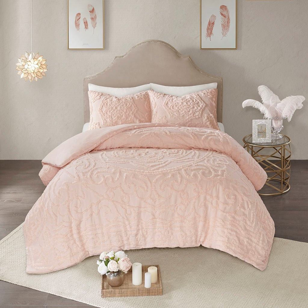 3 Piece Tufted Cotton Chenille Medallion Duvet Cover Set Queen Pink Cotton