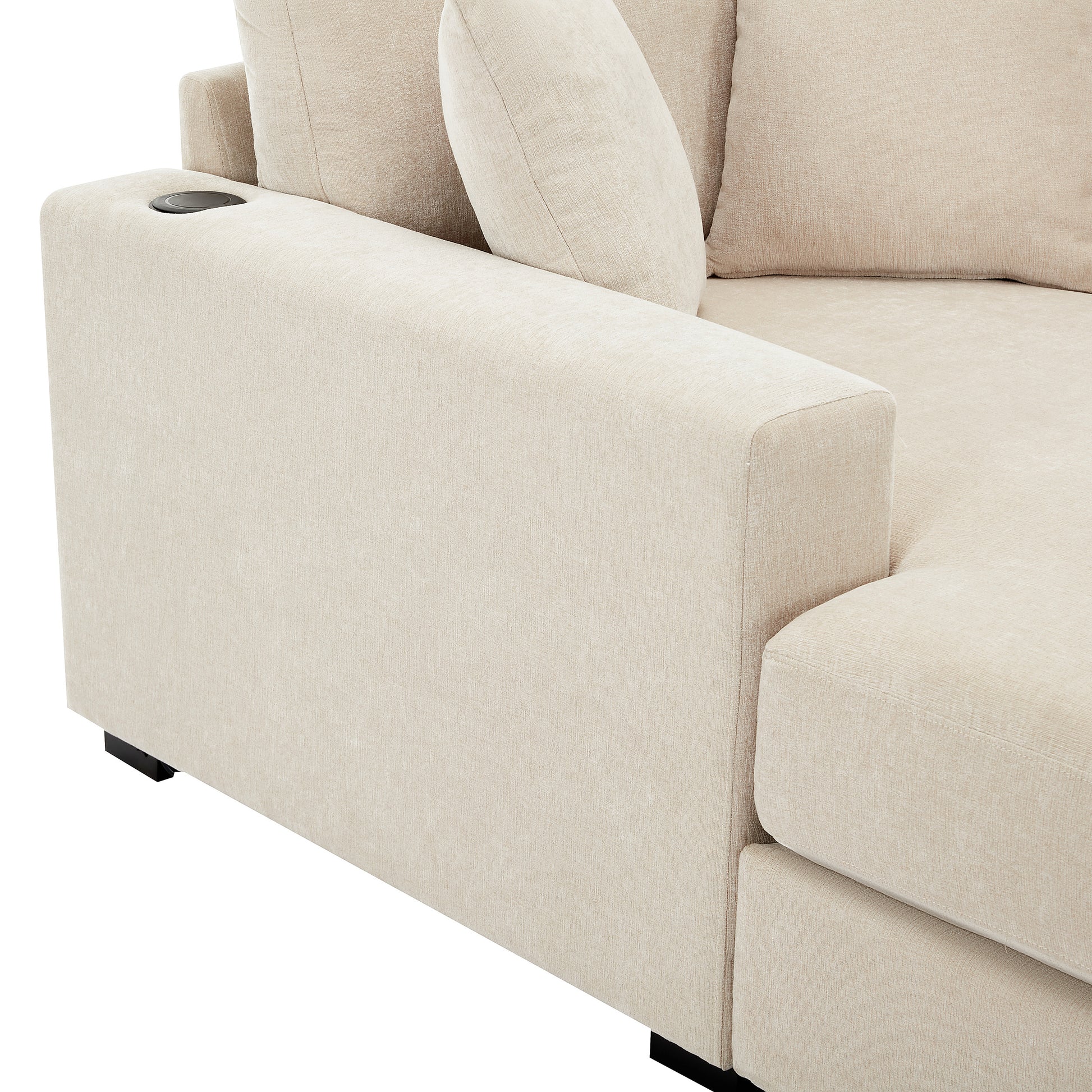 43.5" Oversized Chaise Lounger Modern Style Sofa Couch ,With Pillows, Charge Station & Cup Holders, Chenille Fabric, Cream Cream Chenille