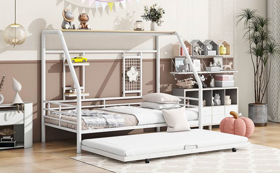 Twin Size Metal House Bed With Trundle, White Twin White Metal