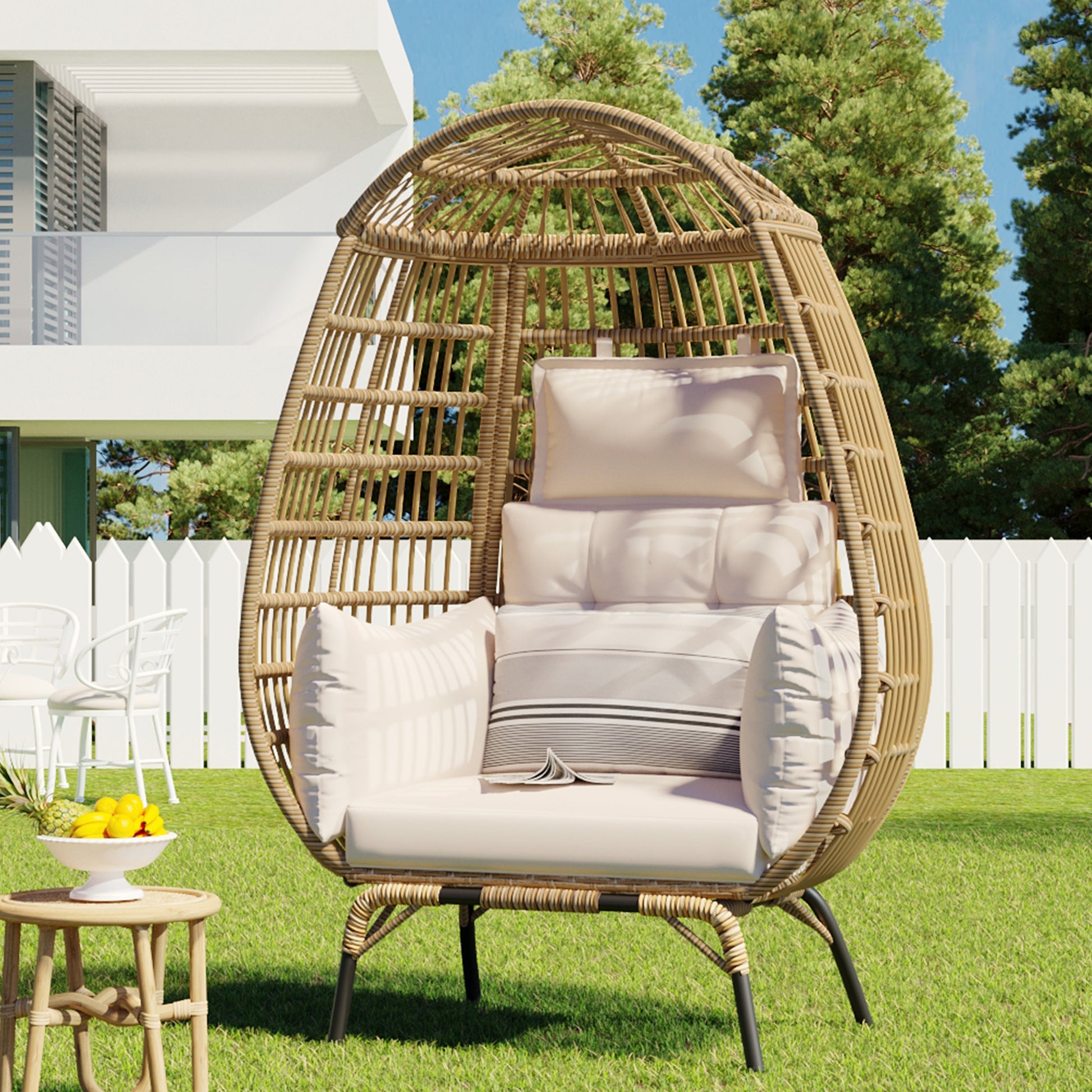 Rope Egg Shaped Chair With Removable Cushion, Suitable For Courtyard, Garden, Balcony. Beige Seats 2 Rope