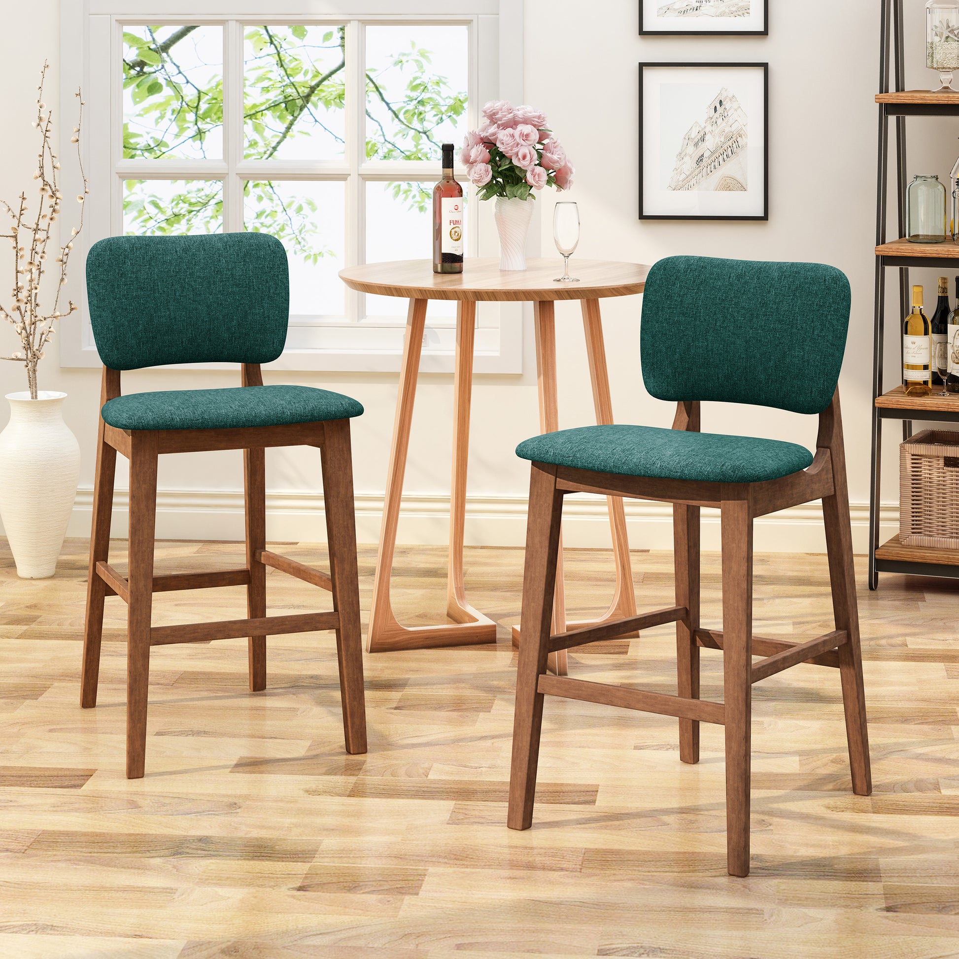 Rubberwood Upholstered Barstool With Fabric Seats Set Of 2 , Dark Green, And Walnut Finish Frame Rubberwood Dark Green,Walnut Light Brown Dining Room Foam Wipe Clean Square Bar Stools Rubberwood Set