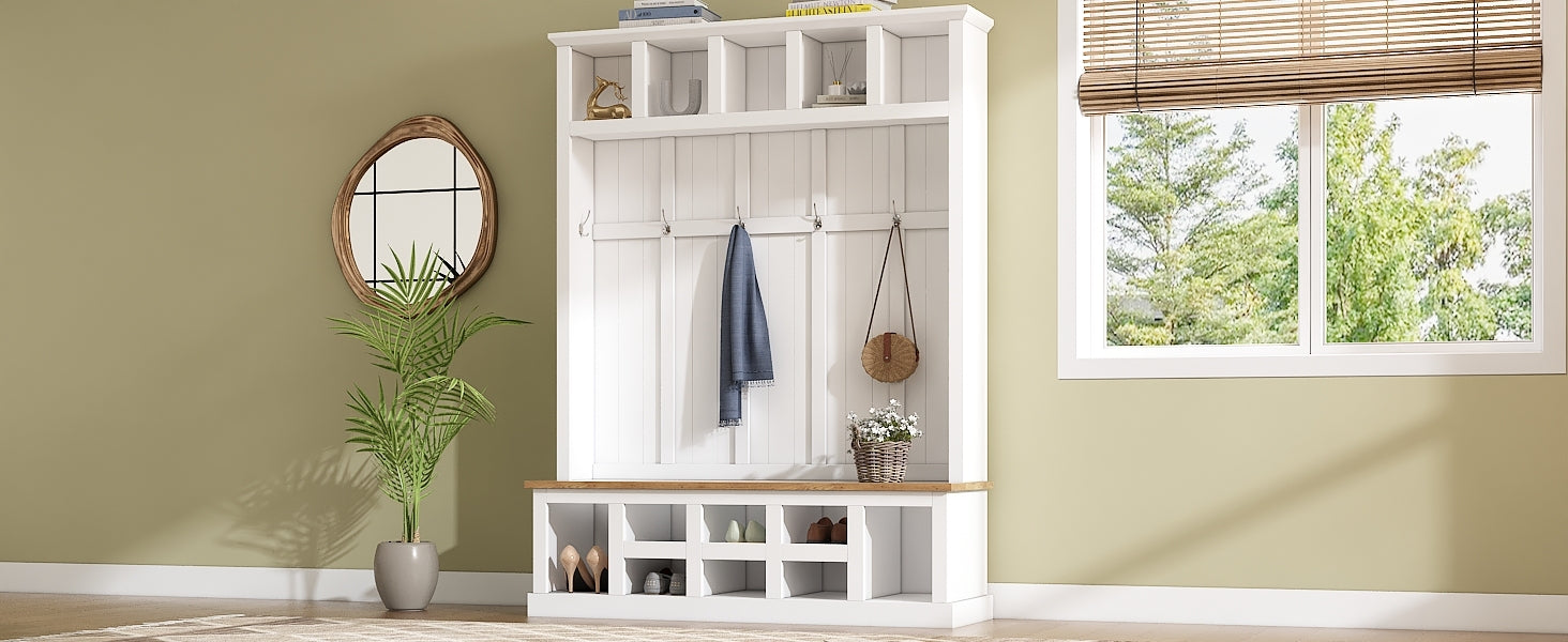 Farmhouse Wooden Style 78''H Modern Hall Tree With Wide Storage Seating Bench, Entryway Shoe Cabinet With 13 Compartments, Elegant Coat Rack With 6 Hooks For Mudroom, Living Room, White White Primary Living Space Particle Board