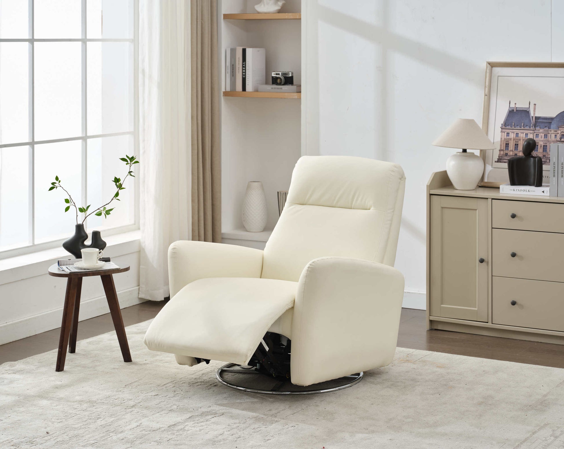 Swivel Glider Recliner Chair, 270 Power Recliner Rocking Chair Nursury Chair For Living Room Bedroom Apartment White Faux Leather