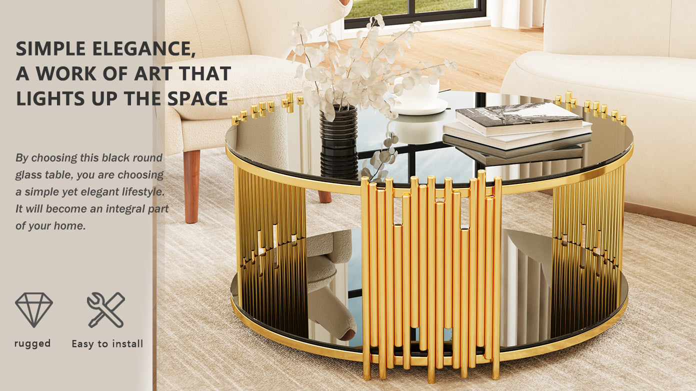 Modern Minimalist Light Luxury Style Stainless Steel Circular Coffee Table, Black Tempered Glass Countertop, Living Room Coffee Table Black Glass,Stainless Steel