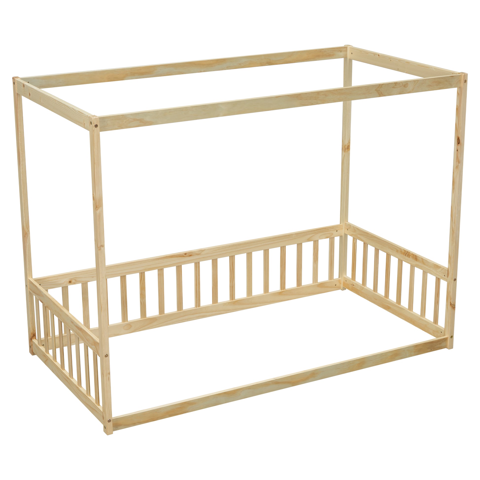 Twin Size Canopy Frame Floor Bed With Fence, Guardrails,Natural Twin Natural American Design Pine