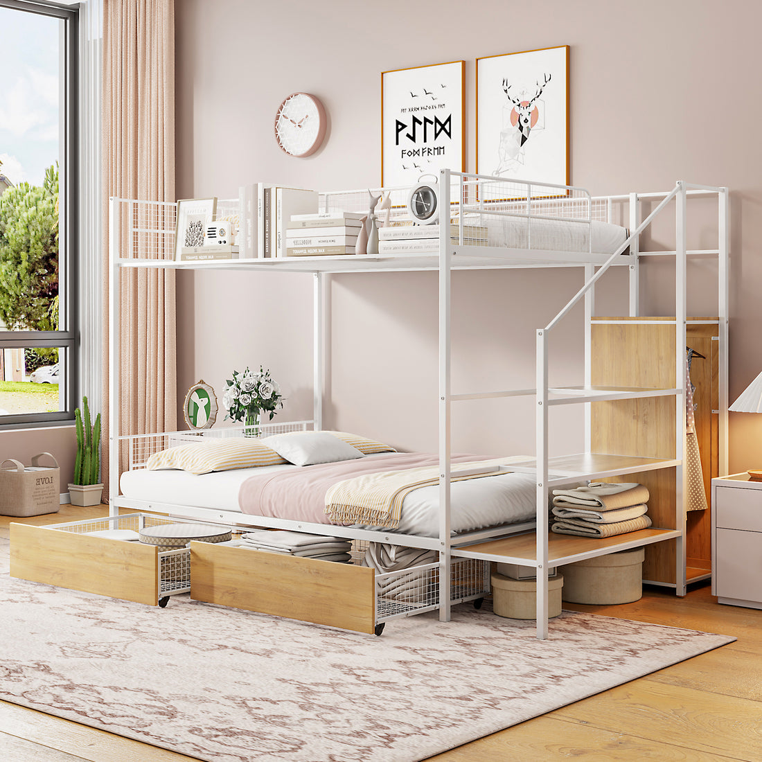 Twin Over Full Metal Bunk Bed With Drawer And Lateral Storage Ladder And Wardrobe, White White Metal