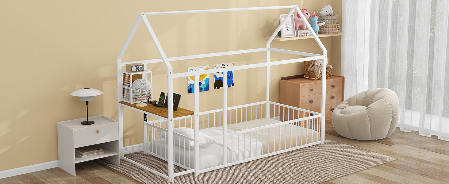 Twin Size Metal Bed House Bed Frame With Desk, Shelves, Power Outlets And Usb Ports, White Twin White Metal