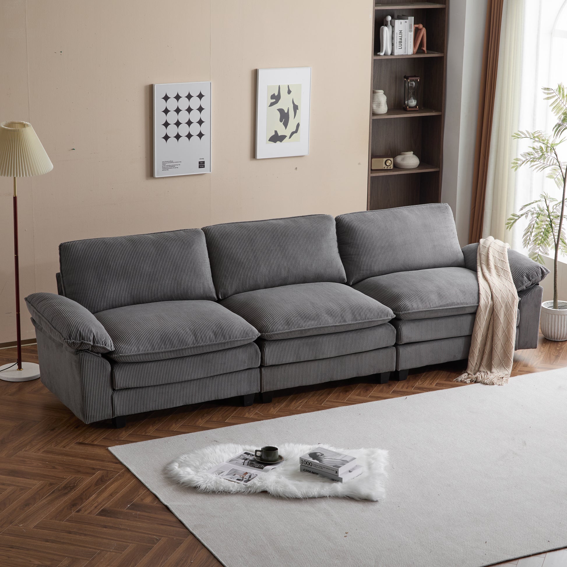 Modular Sectional Sofa With Movable Ottoman,L Shaped Corduroy Fabric Couch With High Supportive & Soft Sponges And Removable Ottoman, Sleeper Comfy Upholstered Furniture For Living Room Grey Grey