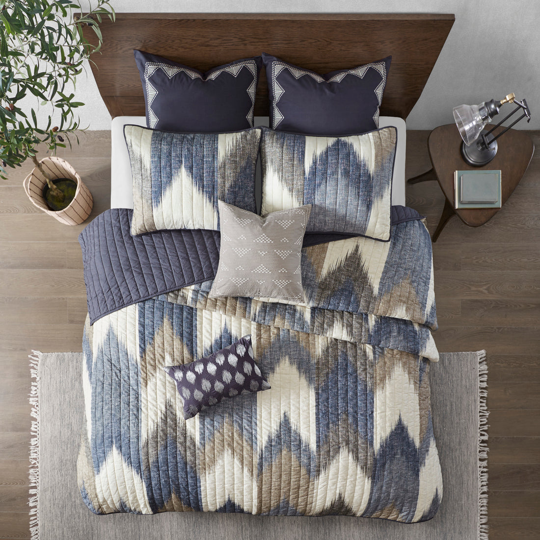 3 Piece Printed Cotton Quilt Set Navy King Cal King King Navy Cotton
