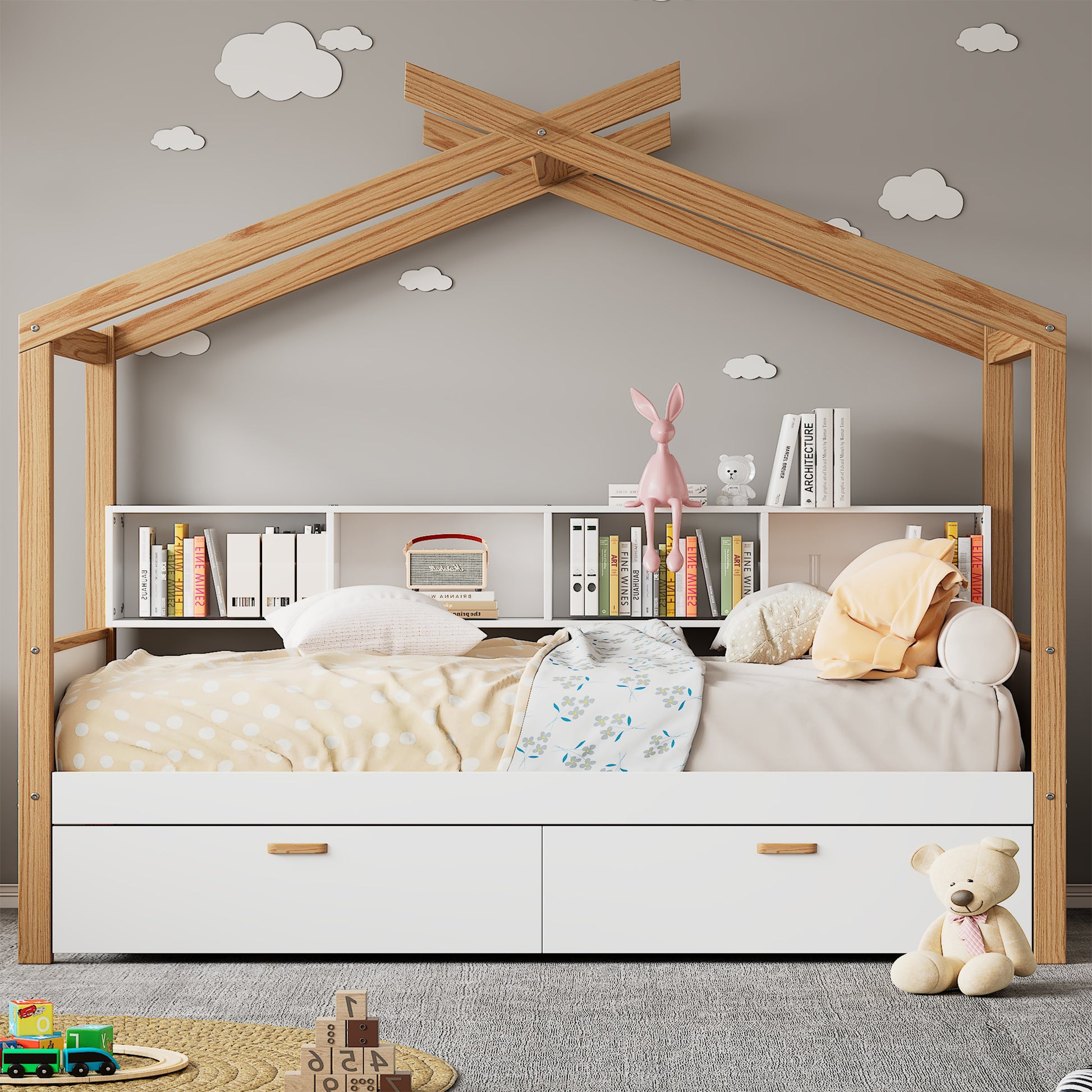 White Twin Size Wooden House Bed Original Wood Colored Frame With Two Drawers And Bookshelf Storage Space For Children Or Guest Room Twin White Wood