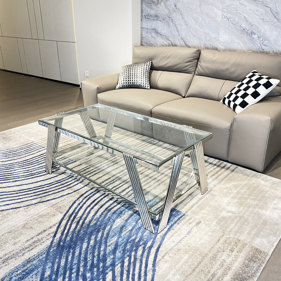 Silver Stainless Steel Double Layer Clear Tempered Glass Coffee Table For Bed Room, Living Room Clear,Silver Modern Rectangular Stainless Steel,Tempered Glass