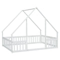 Full Wood House Shaped Floor Bed With Fence, Guardrails,White Full White American Design Pine