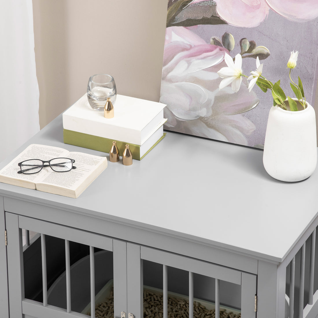 Pawhut Dog Crate End Table With Triple Doors, Wooden Dog Crate Furniture Indoor Use, Puppy Crate With And Steel Tubes, For Small Dogs, Pewter Gray Dark Gray Mdf