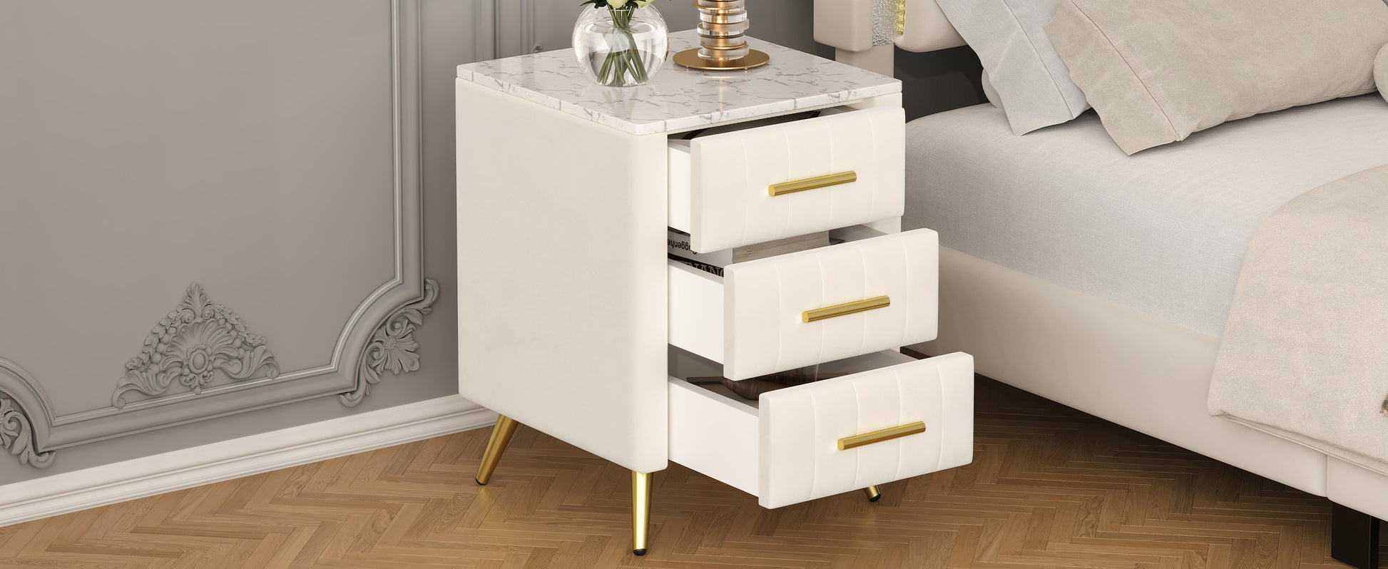 Upholstered Wooden Nightstand With 3 Drawers And Metal Legs&Handles, Bedside Table With Marbling Stickers Worktop Beige Beige Velvet