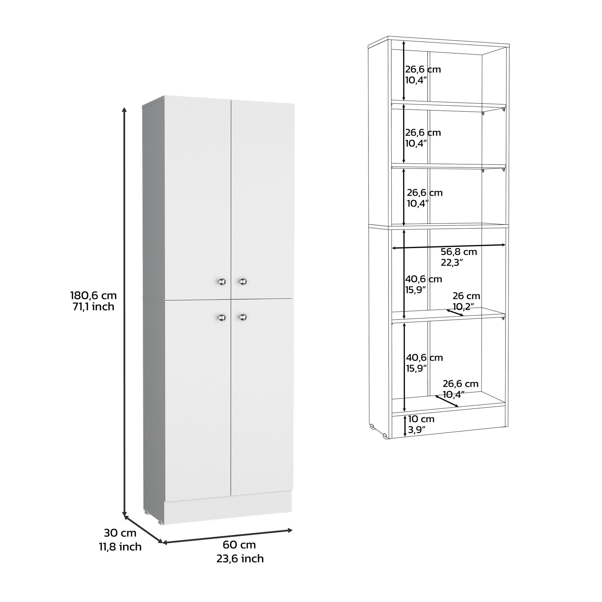 Kitchen Pantry 71" H, 4 Doors, 5 Adjustable Shelves, Laundry, White White Solid Wood Mdf Engineered Wood