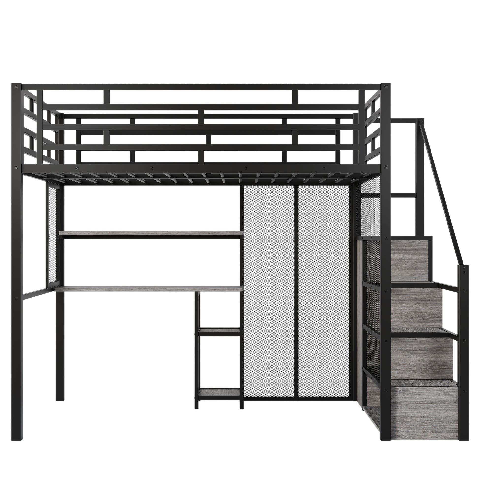 Full Size Metal Loft Bed With Wardrobe, Desk, Storage Shelves, Black Expected Arrival Time: 10.3 Box Spring Not Required Full Black Metal Mdf Metal