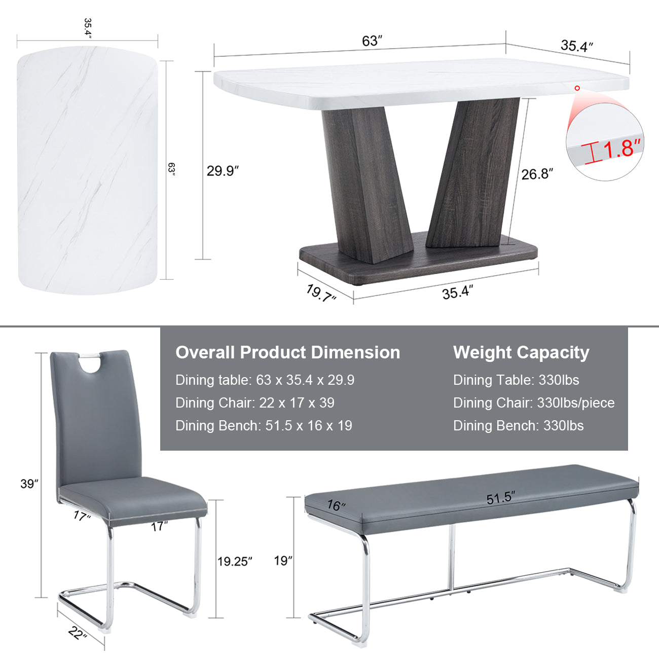 Dining Table Set For 6, 6 Piece Dining Table Set, Faux Marble Table Top And Modern Design Mdf Base With 4 Pu Leather Ergonomic Dining Chairs&1 Bench Metal Grey White Modern Mdf Metal