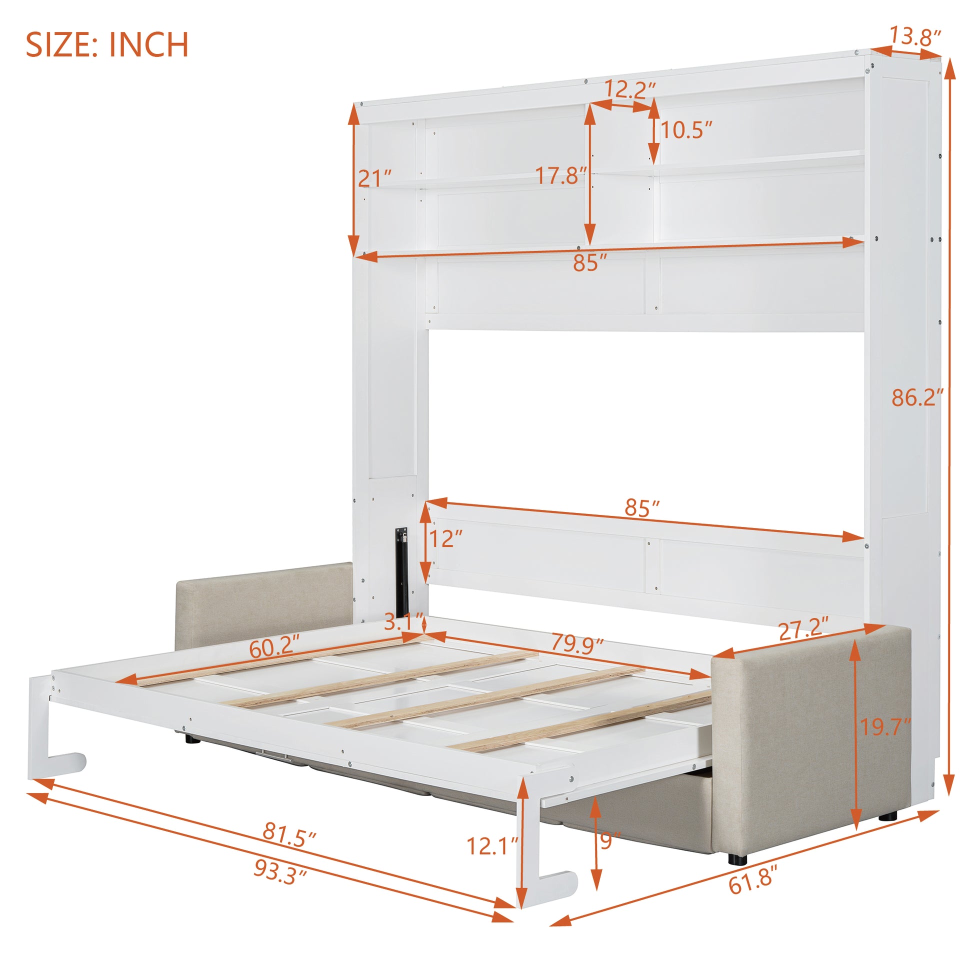 Queen Size Murphy Bed Wall Bed With Sofa,White Queen White Mdf Lvl