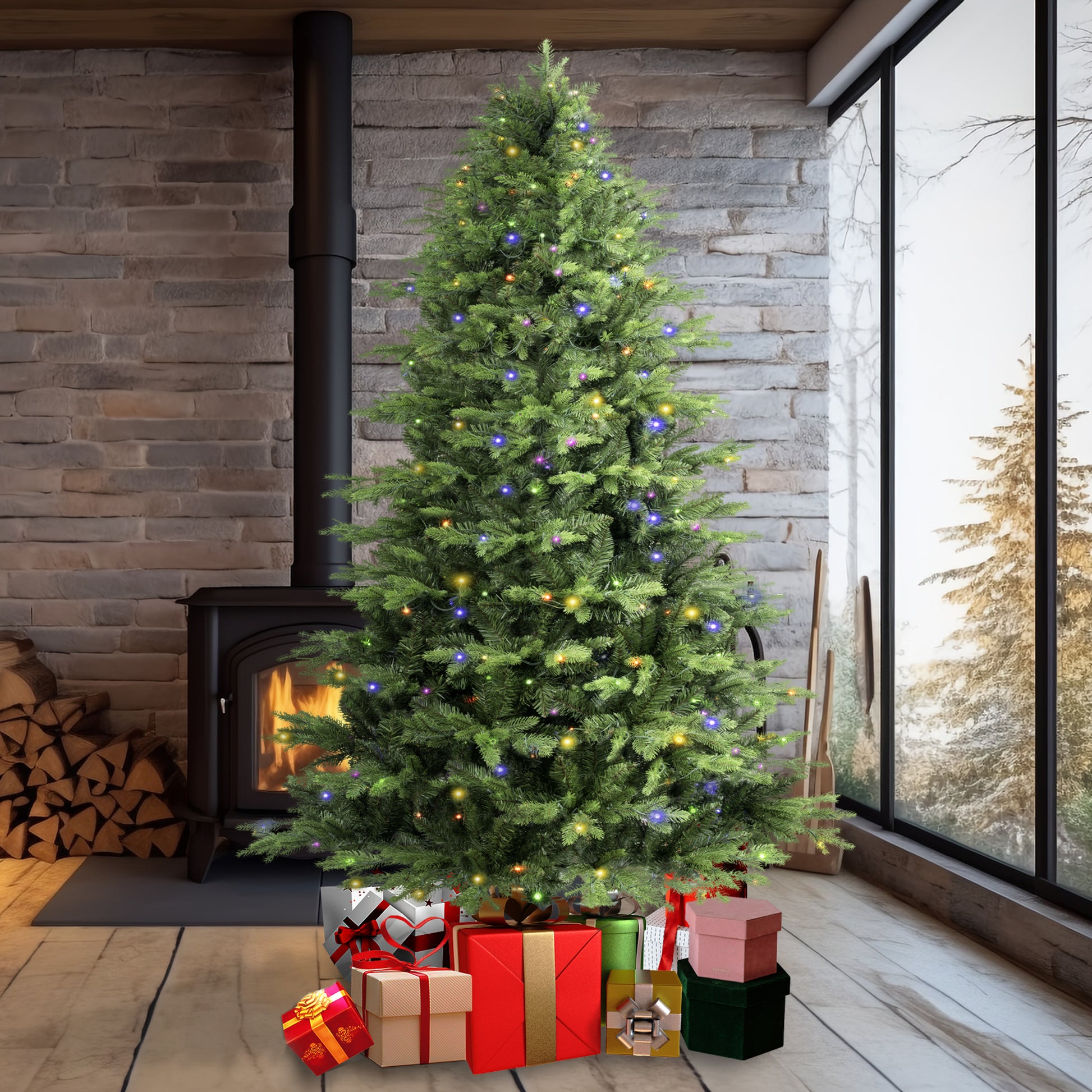 7.5Ft Artificial Christmas Tree Prelit Pe&Pvc With Metal Stand,550 Multi Colour Led Lights,2286 Branch Tips Green Everett Balsam Tree Easy Assembly For Indoor,Home 50 X 50 X 90 Inches Green Pvc