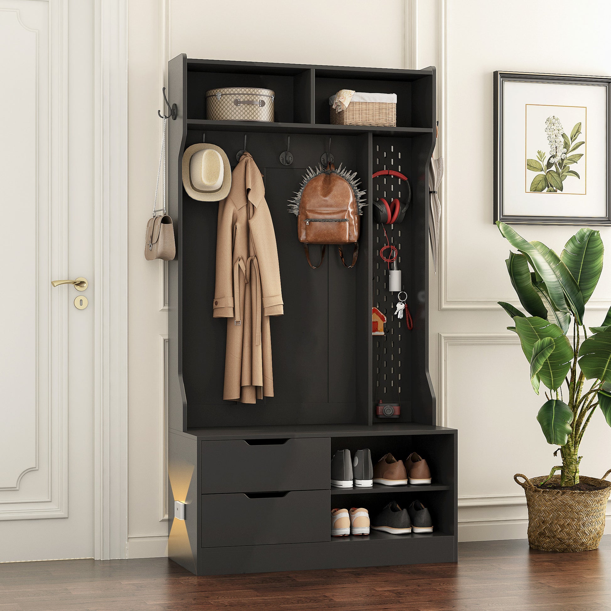 Hall Tree With 6 Hooks,Coat Hanger, Entryway Bench, Storage Bench,For Entrance, Hallwa,Black Black Mdf