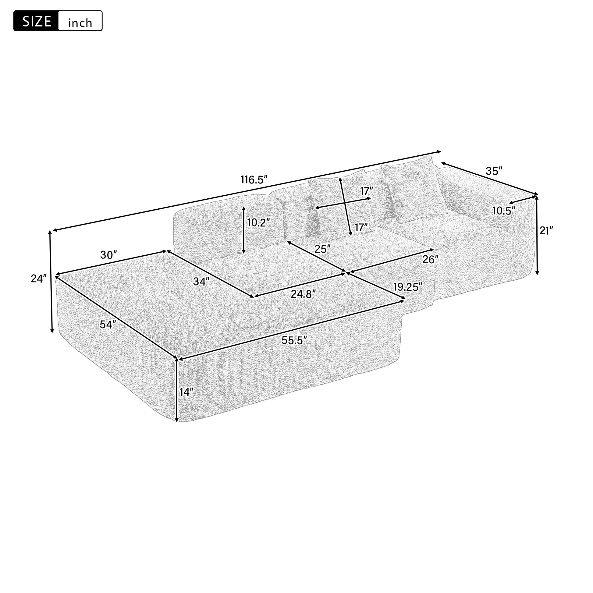 116.5" Sectional Sofa Full Compressed Sofa Couch Free Combined Sofa For Living Room, Beige Beige Foam Polyester 4 Seat