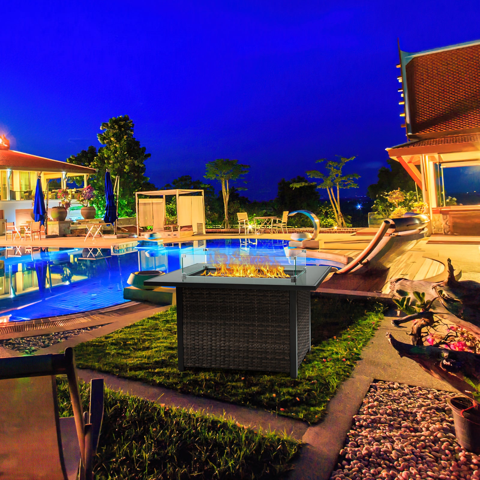 Outdoor Fire Pit 50,000 Btu Propane Gas Fire Table With Lid Fireplace With Glass Wind Guard Wicker Base For Garden, Patio, Backyard, 44" Black Brown Garden & Outdoor Modern Pe Rattan Iron,Rattan