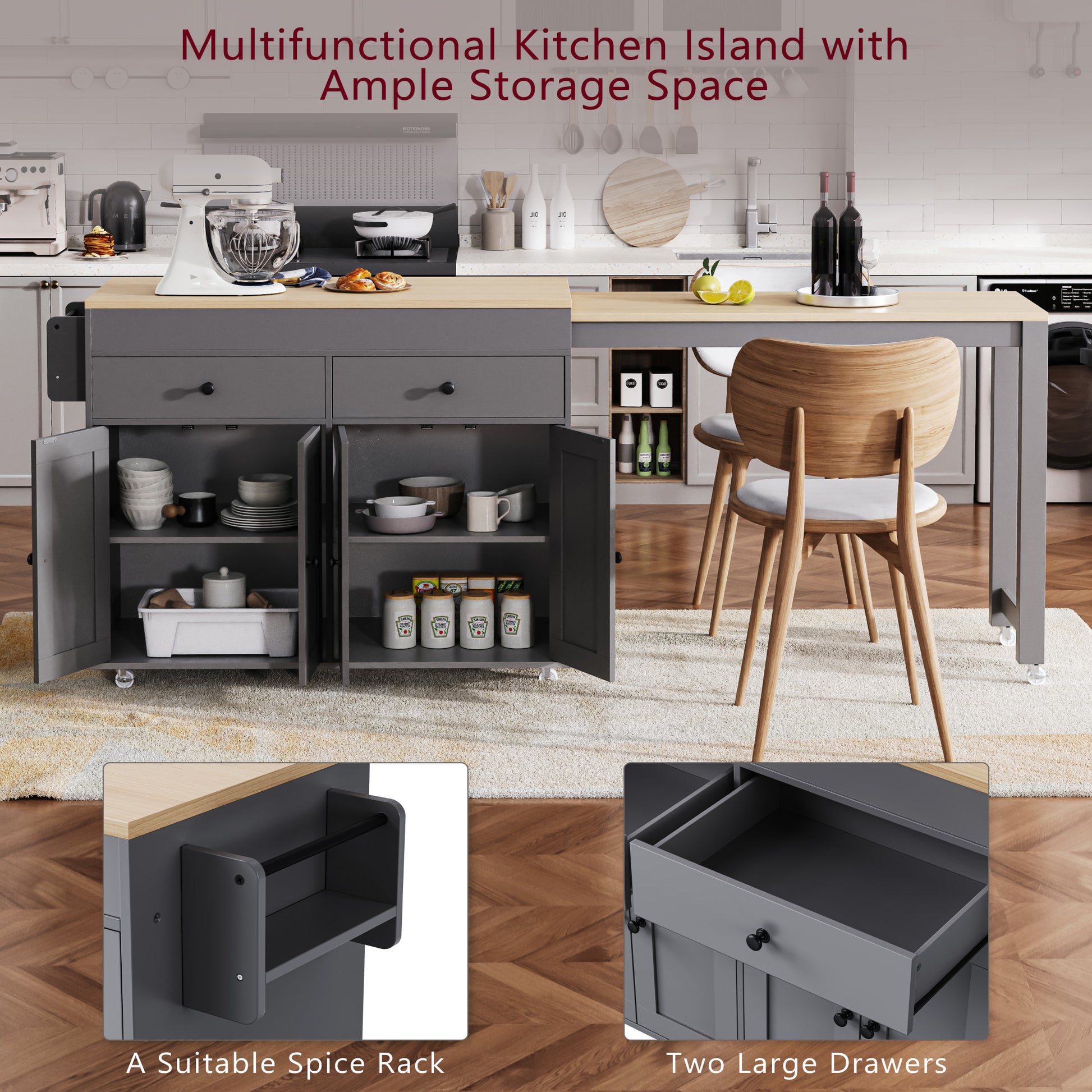 K&K 74.5 Inch Kitchen Island With Extendable Dining Tablerolling Kitchen Island On Wheels With Spice Rack And 2 Drawers, Kitchen Storage Cart With 4 Door Cabinet, For Kitchen, Dining Room, Grey Grey