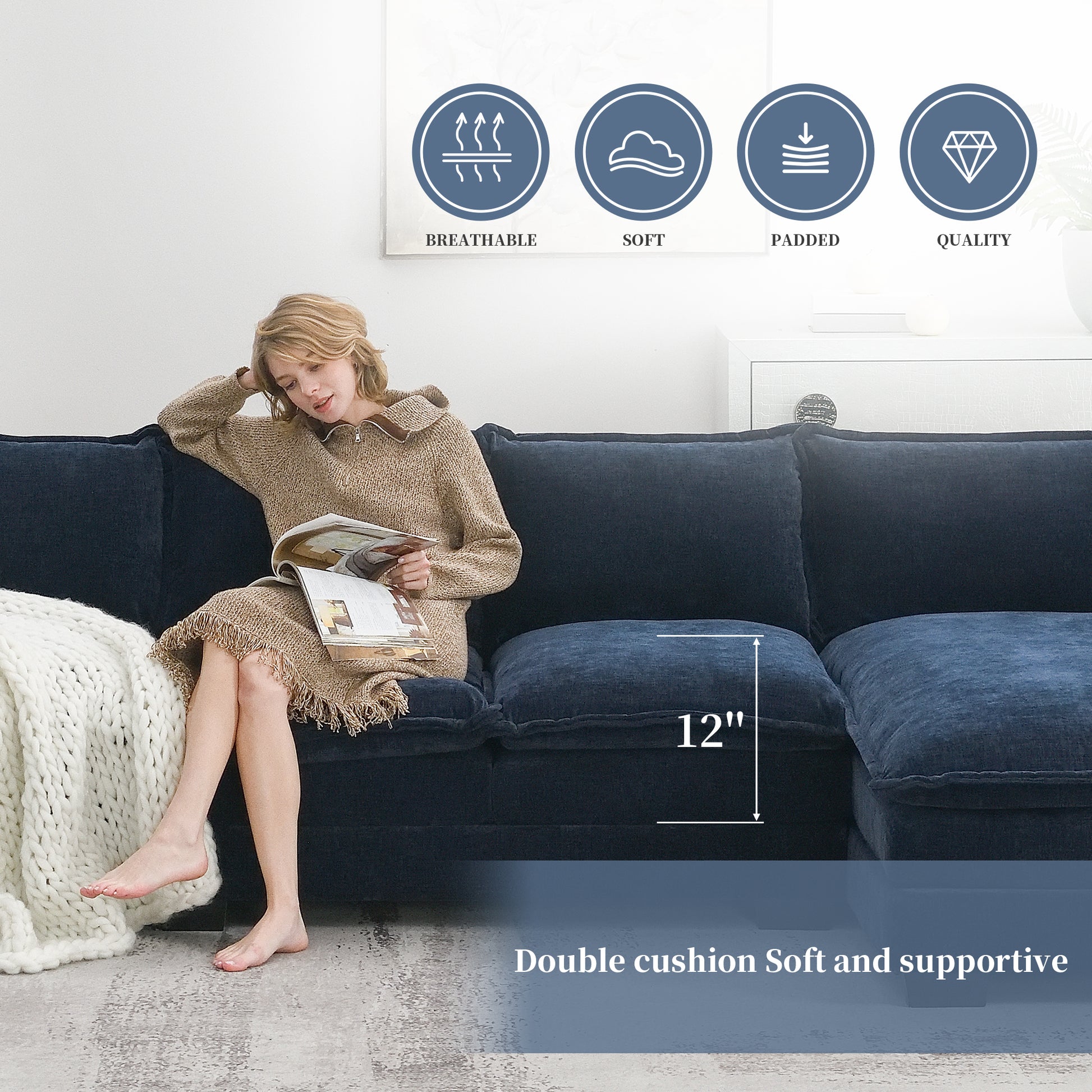 Video 118" Modern Chenille Sectional Sofa With Double Cushions,Storage Pockets,5 Seat Upholstered Indoor Furniture,L Shaped Comfy Cloud Couch With Reversible Chaise For Living Room,Apartment,3