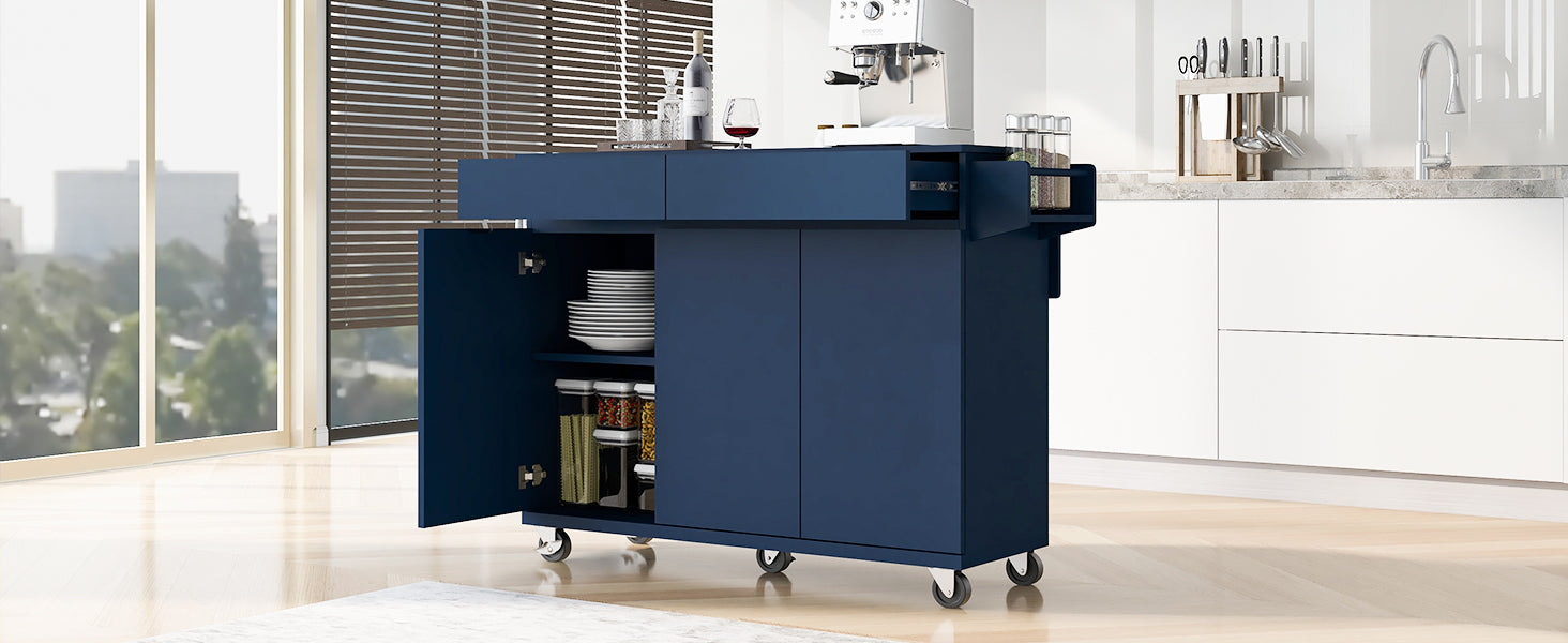 K&K 53.2'' Kitchen Island With Drop Leaf, Kitchen Storage Cart With Spice Rack, Towel Rack And 2 Drawers, Rolling Kitchen Island On Wheels With Adjustable Shelves For Kitchen, Dining Room, Navy Blue Navy Blue Brown Kitchen