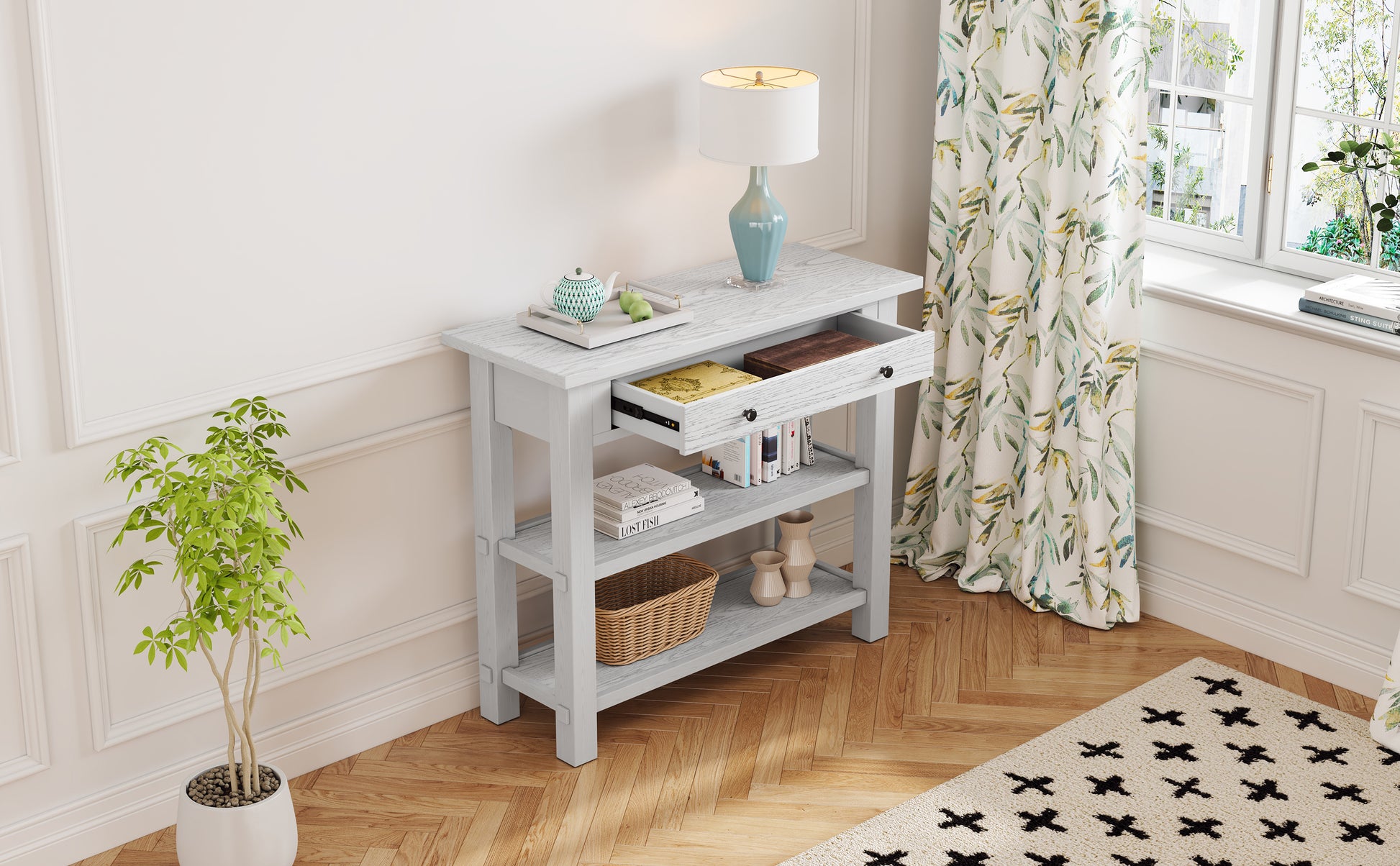 Retro Console Table With Drawer And Two Sturdy Shelves For Entryway, Living Room Antique White Antique White Mdf,Rubber Wood