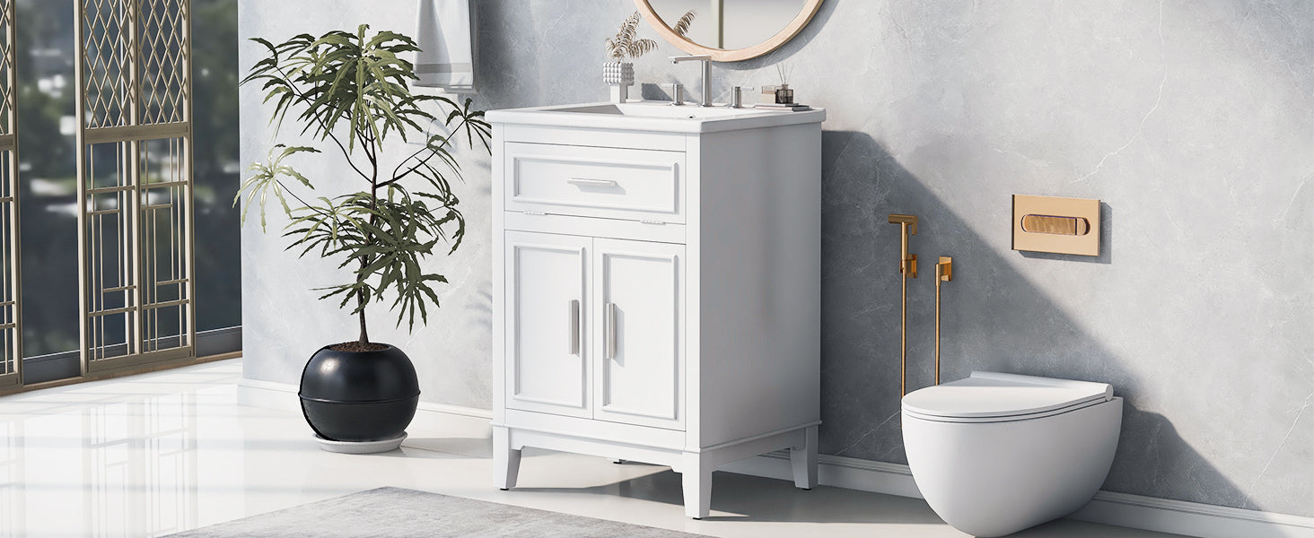 24" Bathroom Vanity With Sink, Bathroom Vanity Cabinet With One Flip Drawer And Doors, Solid Wood And Mdf, White White Solid Wood Mdf