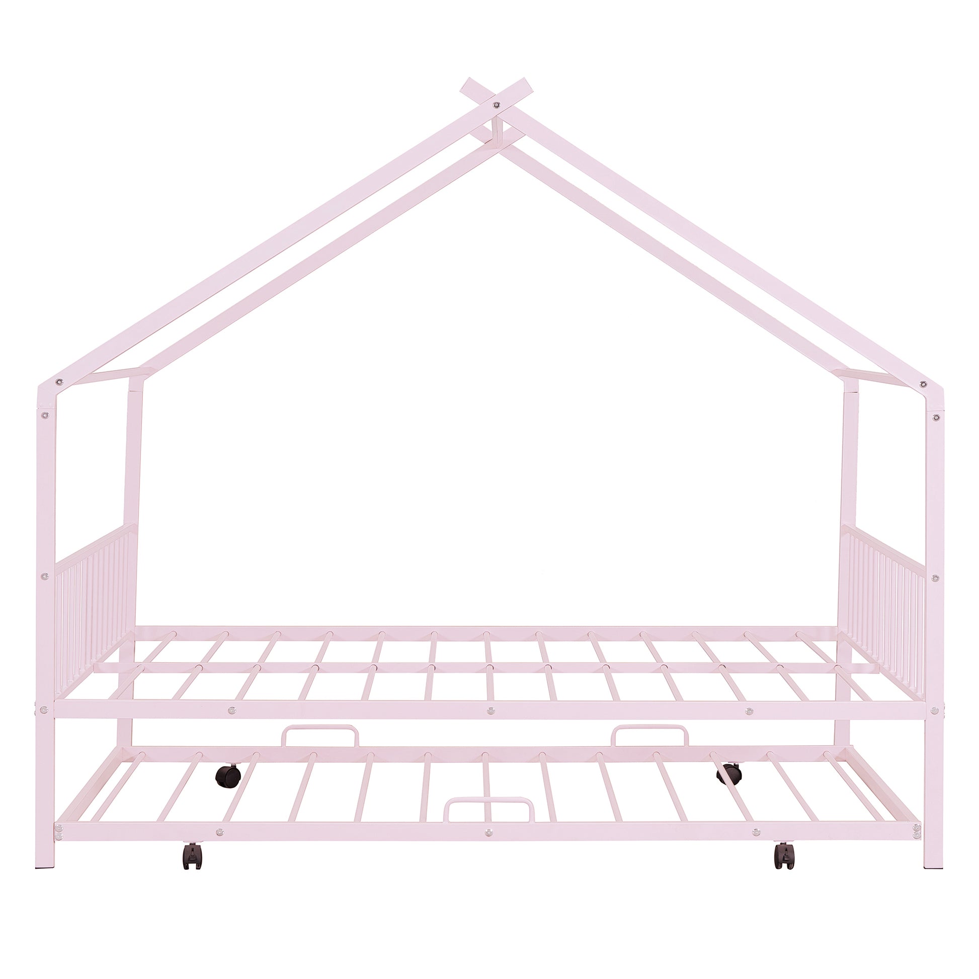 Full Size Metal House Bed With Twin Size Trundle, Pink Full Pink Metal