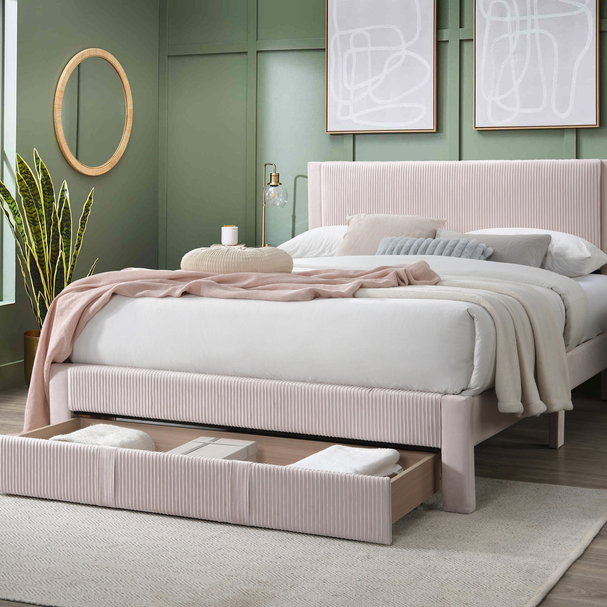 Queen Bed Box Spring Not Required Queen Pink Wood Bedroom Modern Panel Mdf Corduroy