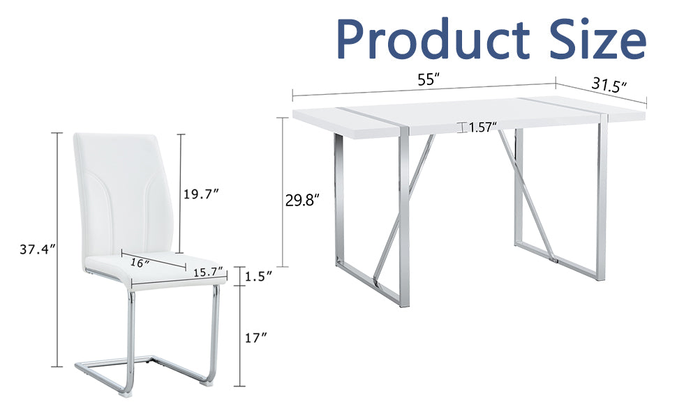 Table And Chair Set.55"X31.5" Mdf Painting Dining Table Set With 6 Pu Chairs.Showcasing A Modern And Stylish Look.Suitable For Dining Room.Mdf Painting,Iron Pipe Plating,Pu Chiairs,White. White