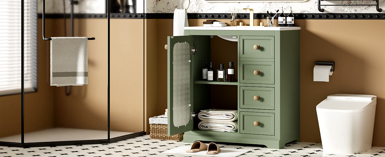 30 Inch Bathroom Vanity With A Soft Close Glass Door, Adjustable Shelves, And Three Drawers Green Bathroom Solid Wood Mdf Glass