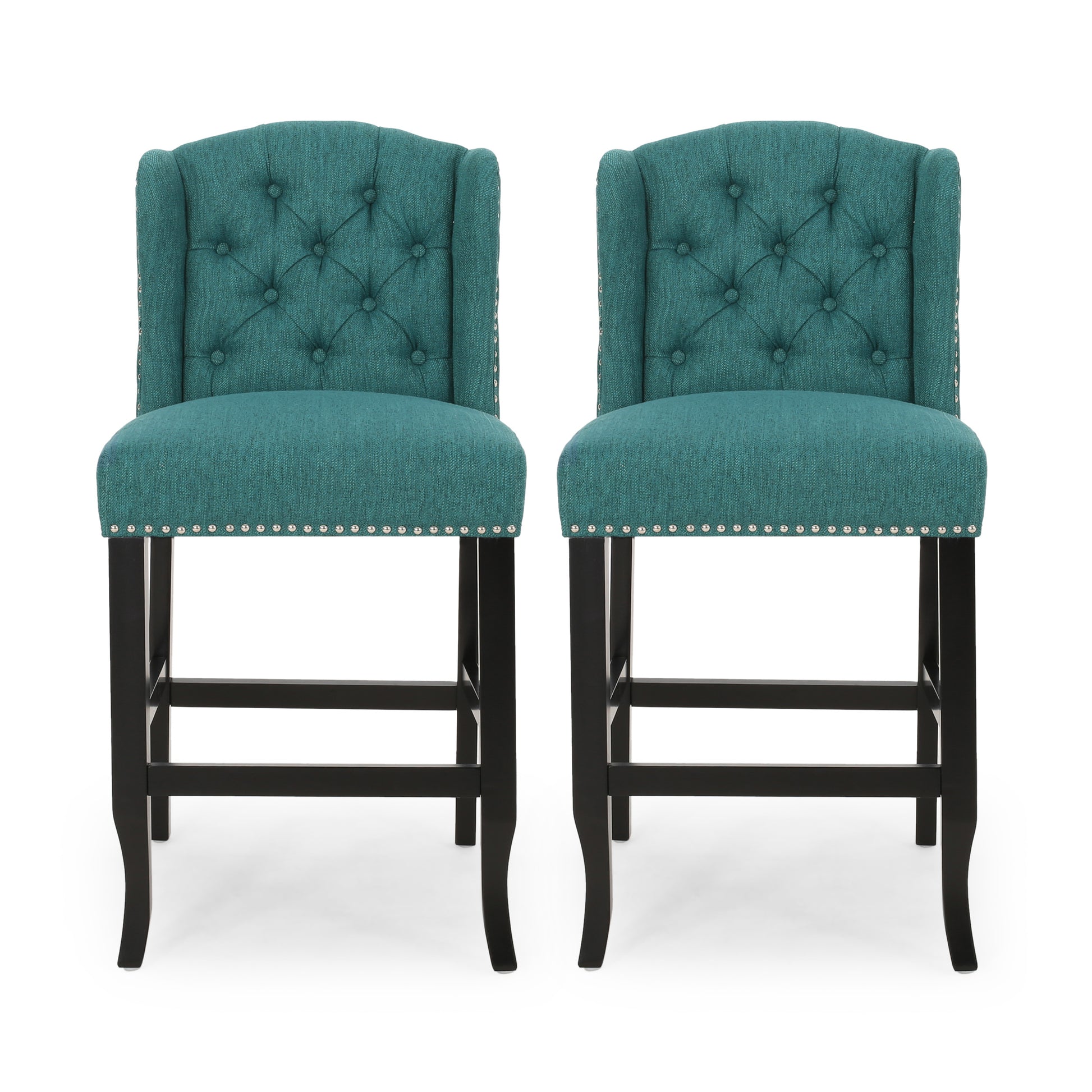 Vienna Contemporary Fabric Tufted Wingback 27 Inch Counter Stools, Set Of 2, Teal And Dark Brown Teal Fabric